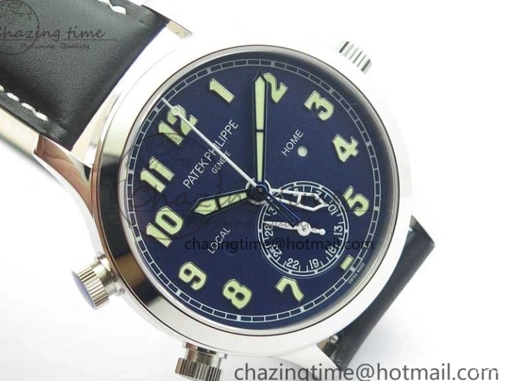MIROTIME 0418 Practical Calatrava 5524 Pilot Travel Time SS GRF Blue Dial on Black Leather Strap A324 V 7107
